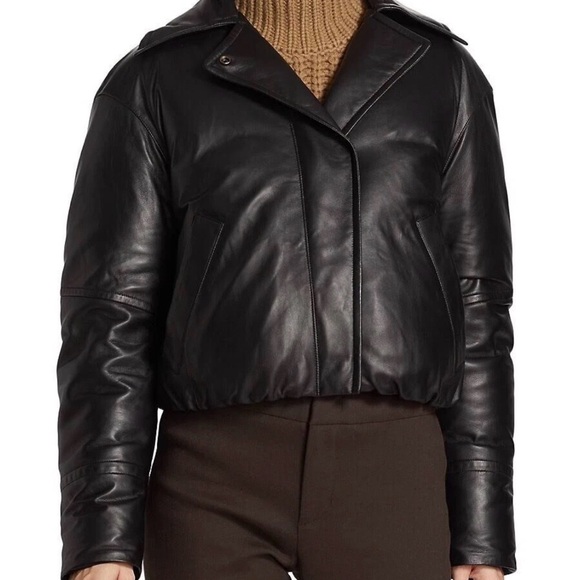 Vince Women's Black Leather Shearling Bomber Jacket XS MINT - Picture 4 of 4